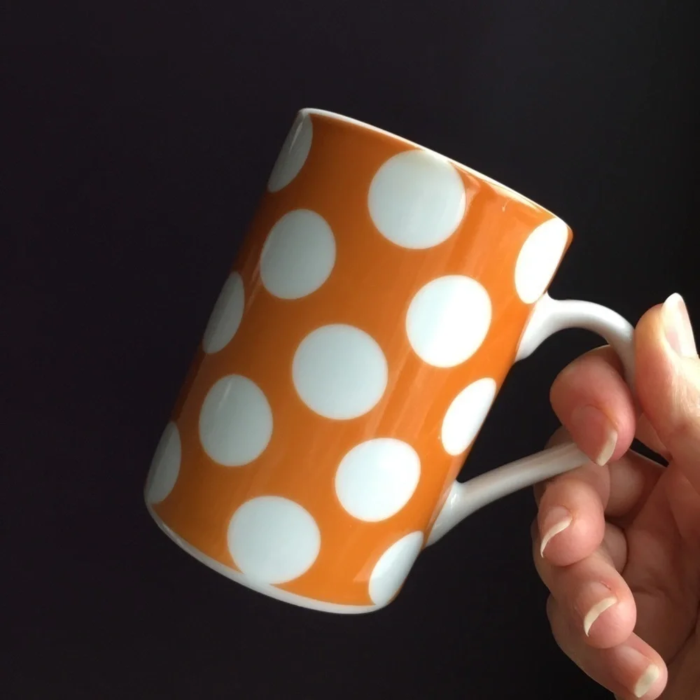 Set/2 Polka Dot Coffee Mugs, Yellow, White, 10 oz